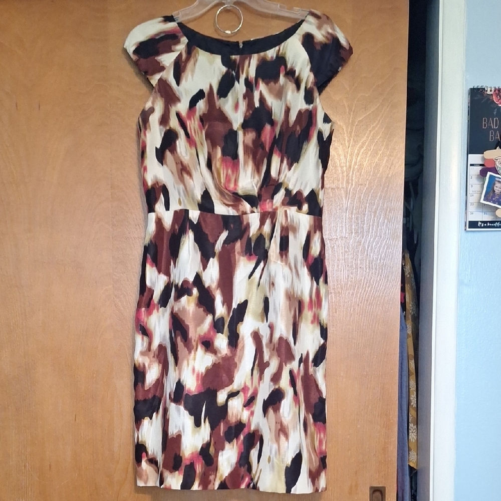 Tahari Brown and Black Sheath Dress with Flutter Cap Sleeves